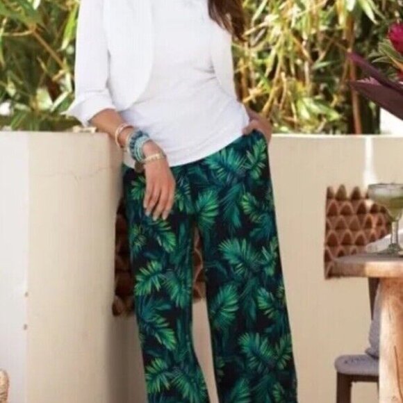 Soft Surroundings Sidnei Wide Leg Crop Palazzo Pants Linen Blend Palm SZ 2XL - Picture 1 of 14